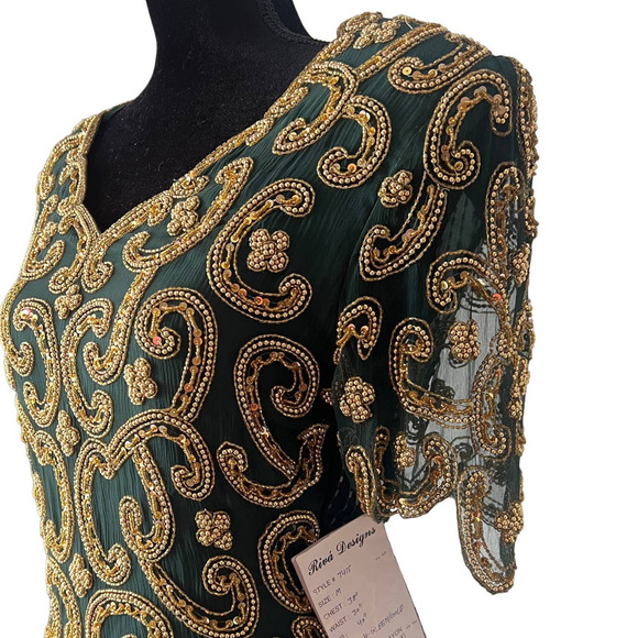 Riva Design Vintage 80s Silk Beaded Long Dress-Green/Gold-Medium-NEW-DEADSTOCK - Picture 3 of 12